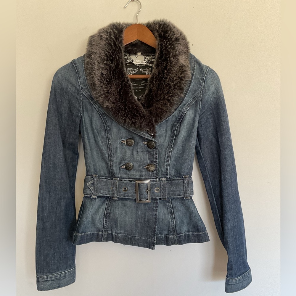 Guess Blue Jean Jacket with Luxurious Fur Collar